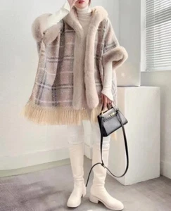 Women 2020 Faux Fur Poncho Coat Wrap Winter Cape Oversized One Size - Picture 1 of 67