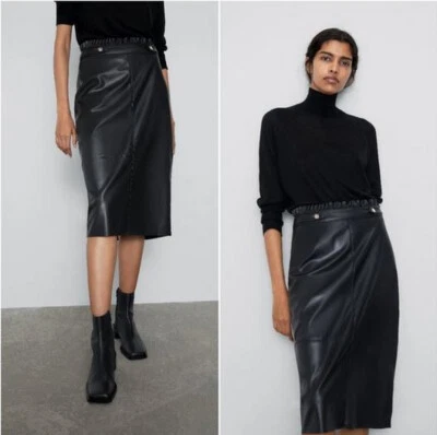 Zara Black Faux Leather Skirt With Gold Buttons, NWT, Size S - Image 1 of 4