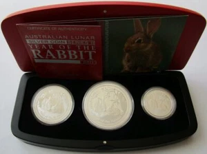 Juego de tres monedas Australia 2011 Lunar II Rabbit 3,5 OZ plata prueba - Imagen 1 de 6