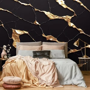 MARBLE STRUCTURE GOLD BLACK IMITATION Photo Wallpaper WALLPAPER Living Room Bedroom - Picture 1 of 6