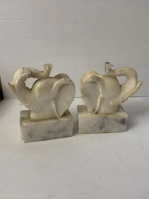 Pair Golden White Marble Elephant Head Bookends - Image 1 of 4