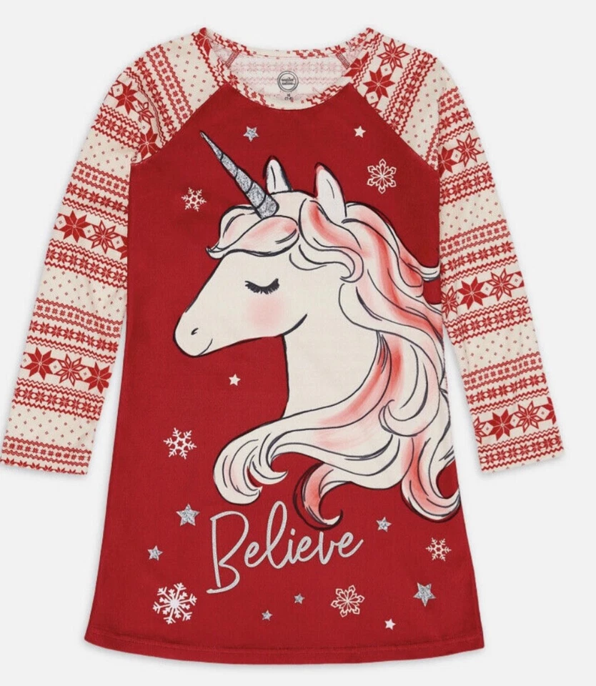 Niñas Terciopelo Navidad Pijama Rojo Unicornio Camisa para Dormir Creer Talla XS 4-5 Foto 1 de 1