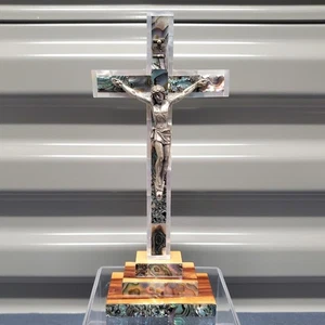 Jerusalem Holy Land Crucifix Cross 7” Olive Wood Faux Pearl Abalone 14 Stations - Picture 1 of 12