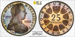 PR67 1967 Österreich Maria Theresia 25 Schilling PP, PCGS - getönt SOLO TOP POP! - Bild 1 von 4