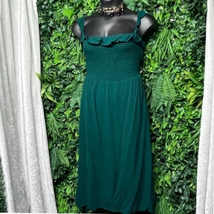 Reformation Dress Size 1X Siesta Emerald Green Smocked Ruffle Accent Midi 3298 - Picture 1 of 9