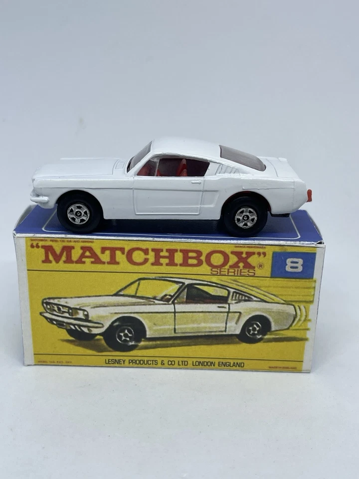 Matchbox Lesney #8 Custom Ford Mustang In White Early Thin SF Wheels Repro Box - Image 1 of 4