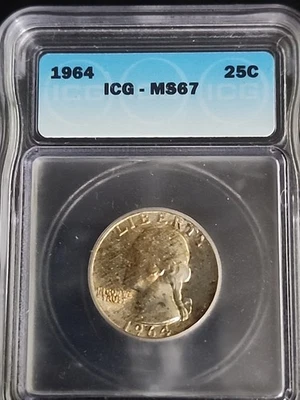 1964 Silver Uncirculated Washington Quarter ICG MS 67 Toned Free Shipping  - Image 1 of 2