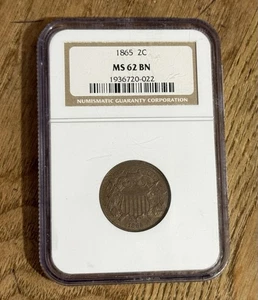 1865 2 cent, NGC MS62 BN Very Nice Example! - Picture 1 of 2