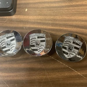 Porsche Wheel Center Caps 76mm: Silver Chrome Plastic ABS Hub Caps, Set of 3 - Picture 1 of 2