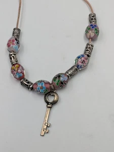 Venetian Lampwork Art Gass Floral Beaded Silver Tone Spacer Charm Necklace - Picture 1 of 7