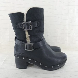 UGG Womens Brea Black Leather Round Toe Studded Buckle Strap Boots 1013054 Sz 7 - Picture 1 of 11