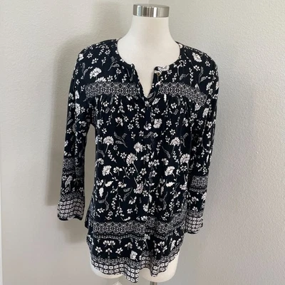 Lucky Brand Womens Large Black White Floral Blouse Boho Long Sleeve Shirt Top - Image 1 of 4