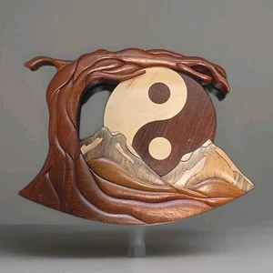 Handcrafted Wood Intarsia Yin Yang Wall Art – Tree & Mountain Scene 12"x12" - Picture 1 of 4