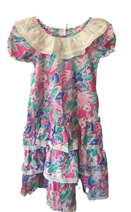 Kole Kole Hawaii Youth 7-9 Tropical Tiered Scalloped Dress Lace Eyelit Detail - Picture 1 of 8
