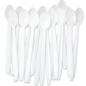 Long White Sundae Spoons 50ct Disposable Heavy Duty Plastic for Tall Beverages - Picture 1 of 7