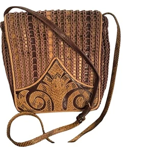 Sharif Crossbody/Shoulder Bag Suede Interior Woven Leather With Fabric /Snake - Picture 1 of 14