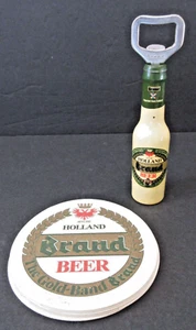 VINTAGE Brand Beer Holland Figural Wood Bottle Opener & Paper Beermat Coasters - Picture 1 of 11