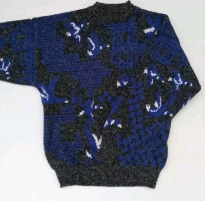 Suéter vintage cinza e azul marinho estilo vovô gola redonda pato por Santana tamanho M - Imagem 1 de 4