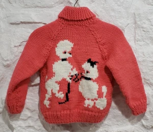 Vintage 50's Girls Cowichan Sweater Wool Cardigan POODLES Pink Hand Knit Zip - Picture 1 of 6