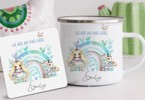 Personalised Alice Wonderland Enamel Mug, kids coaster set, Unique rainbow style - Picture 1 of 3