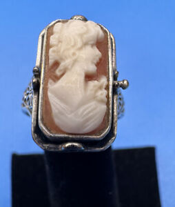 VINTAGE STERLING SILVER SIZE 8 CARVED CAMEO ONYX REVERSIBLE FLIP RING