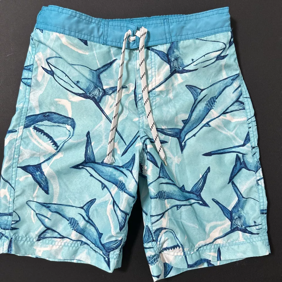 Boys Swim Trunks Size Large 10/12 Aqua Blue Shark Pattern Drawstring Lining - Image 1 of 4
