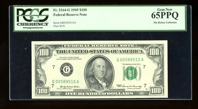 DBR 1969 $100 FRN Chicago Fr. 2164-G Gem PCGS 65 PPQ Serial G00589515A - Image 1 of 2