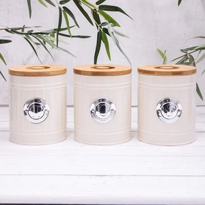 Set Cream Tea Coffee Sugar Metal Vintage Canisters Jars Tins With Wooden Lid - Picture 1 of 4