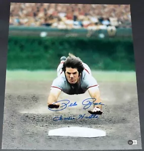 PETE ROSE AUTOGRAPHED CINCINNATI REDS 16x20 PHOTO BECKETT W/ CHARLIE HUSTLE - Picture 1 of 1