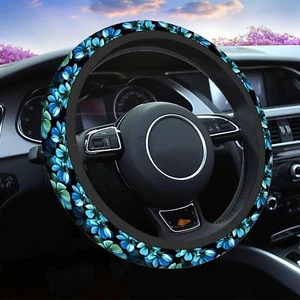 Flowers Blue Car Steering Wheel Cover,Beautiful Blue Flowers on a Black Safe Dri - Picture 1 of 12