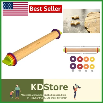Adjustable Beech Wood Rolling Pin with Thickness Rings for Perfect Baking - Image 1 of 4