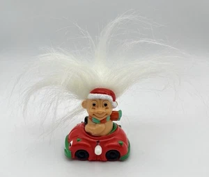Vintage Wind Up Russ White Haired Troll Doll Red Santa Riding Car Toy - Works - Picture 1 of 5
