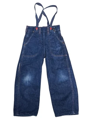 Pantalones de mezclilla azules con tirantes forrados de franela con cremallera lateral metálica para niños de colección años 50 Foto 1 de 4