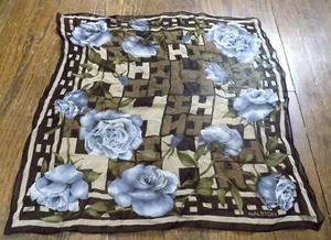 Vtg Halston Lifestyle 100% Silk FLORAL Rose Logo H Brown Gray blue Square Scarf - Picture 1 of 10