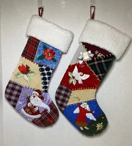 Set of 2 Christmas Stockings Angel Santa Dove Cardinal Embellished Patchwork - Picture 1 of 11