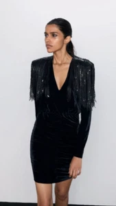 Zara Black Mini Dress L Ruched Velvet Sequin Fringe Bodycon Drip Glam Event - Picture 1 of 11