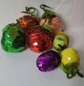Lot Of 7~Vintage Sequin Fruit~handmade~lemons,pear,orange,apple,peach & Plum - Picture 1 of 12