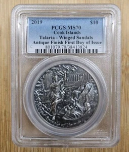 2019 Isole Cook 2 oz Talaria - sandali alati argento moneta da $ 10 - PCGS MS70 FDOI - Foto 1 di 3
