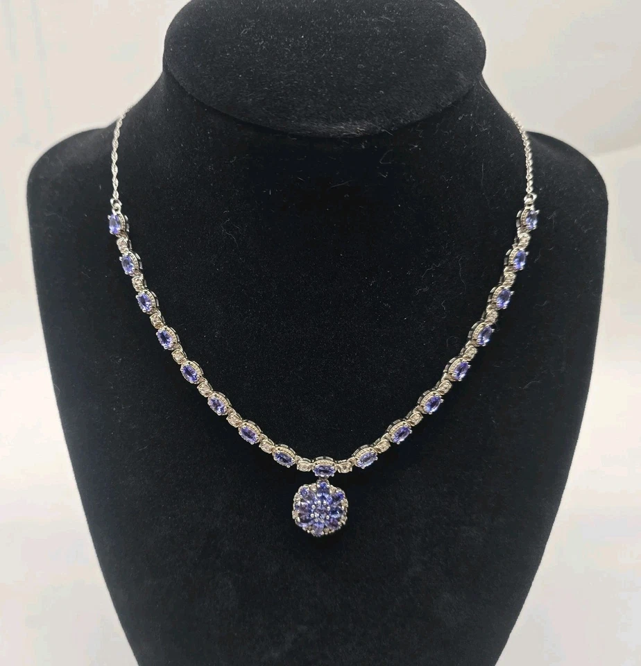 Collar de circonitas blancas naturales de tanzanita platino sobre plata de ley de 18"  Foto 1 de 4