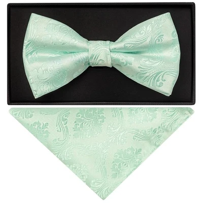 Mint Green Paisley Mens Bow Tie and Handkerchief Set Dickie Bow Pocket Square - Image 1 of 4