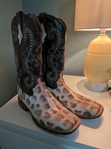 Damen-Cowboystiefel Leder Ferrini eckige Zehenpartie Größe 10 B STACHELROCHEN Giraffe - Bild 1 von 12