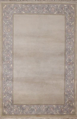 Alfombra nepalí de lana beige/gris hecha a mano alfombra oriental moderna con bordes de 4x5 pies Foto 1 de 4