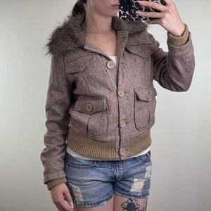 Y2K cappotto vintage tweed misto lana bottoni giacca invernale pelliccia sintetica bordo colletto - Foto 1 di 9