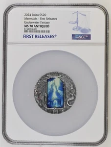 2024 Palau 3 oz Silver Antique Underwater Fantasy: Mermaids NGC MS70 FR - Picture 1 of 2