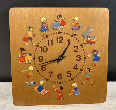 Folk Art Wood Germany Wall Clock Handmade Hand Painted Unique, Children,Vintage Cover