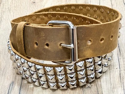 Three Row Pyramid Stud Belt Brown Leather Studded Belt Punk Goth By Funk Plus - Image 1 of 4