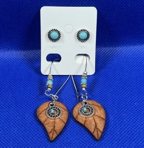 Leaf Feather Bead Turquoise Dangle Earrings & Turquoise Stud Earring Set Of 2 - Picture 1 of 3