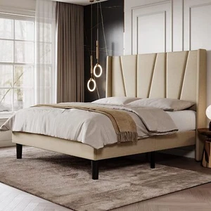 King Upholstered Platform Bed Frame with Geometric Headboard and Wingback, Beige - Picture 1 of 10