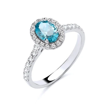 Sterling Silver 925 simulated AQUAMARINE Oval Cluster Halo Ring size K to S - Image 1 of 4