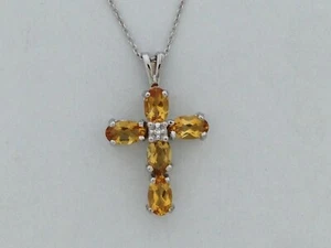 Cross Pendant with Natural Citrine and Natural Diamond  Solid 14kt White Gold - Picture 1 of 4